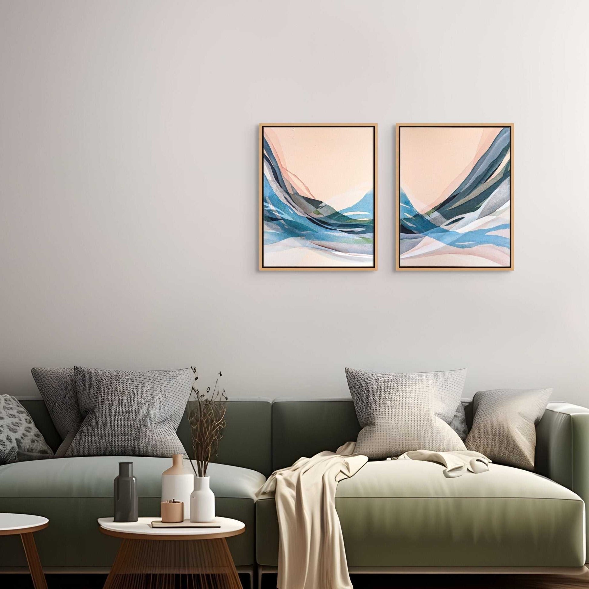 Diptych art "Along the way I found you (I & II)" framed, featuring fluid organic forms in earthy and cool tones on acrylic cotton canvas.