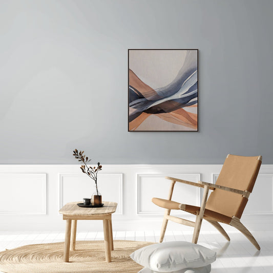 Abstract Wabi Sabi art depicting flowing forms in earthy tones, titled "The ties that bind us," measuring 60x70cm, acrylic on canvas, in a walnut frame.